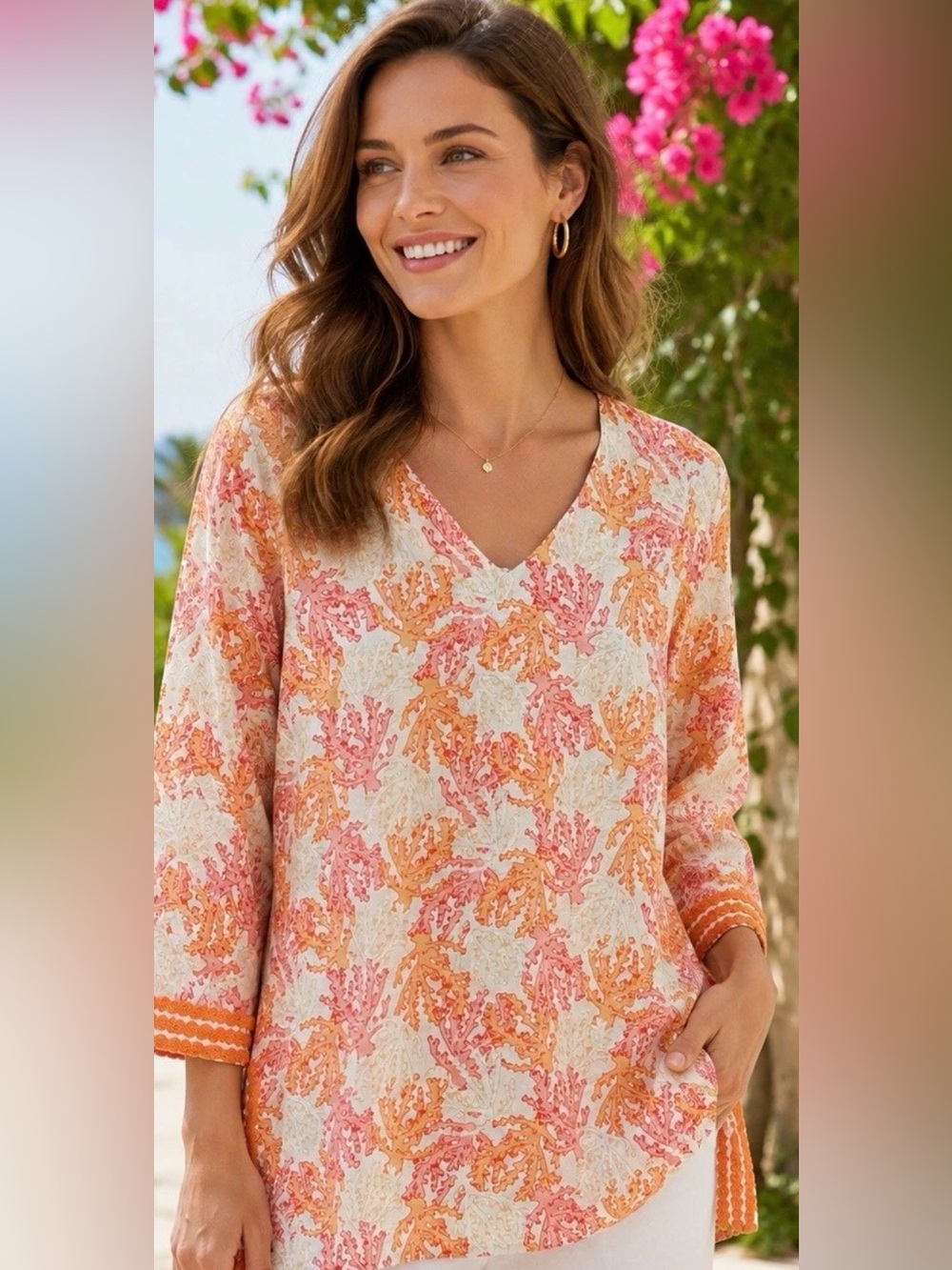 J.Jill Coral & Orange Printed V-Neck linen Tunic Top sz.S